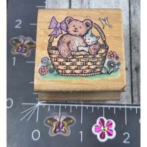 All Night Media Basket Of Love 190E Bear Cat Flowers 1987 Rubber Stamp Wood #N27